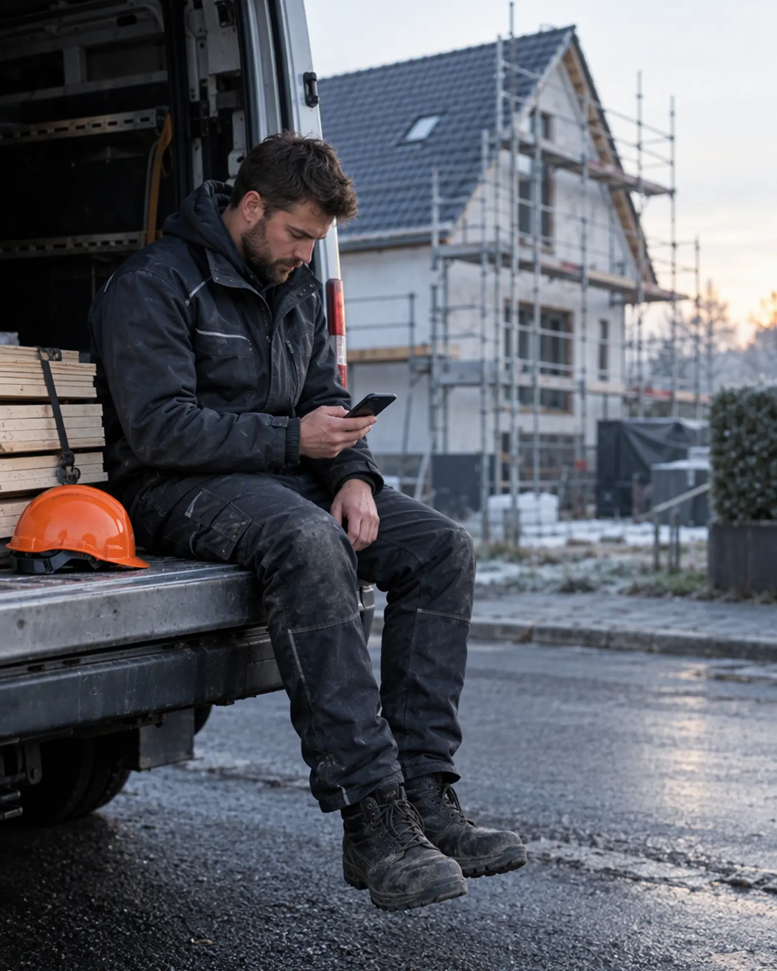Dachdecker liest im Transporter vor der Baustelle eine E-Mail auf dem Smartphone
